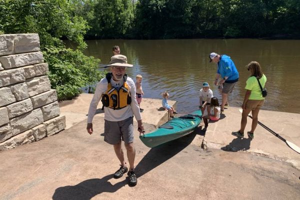 Perkiomen Sojourn boater pulls boat up ramp at Collegeville's Welakamike Creekside Park